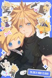  1boy 2026 armor bird black_boots black_bow black_cape black_dress black_gloves black_shirt black_vest blonde_hair blue_bow blue_corset blue_eyes blue_pants blue_shirt boots bow braid buster_sword cape character_doll character_name chibi chocobo closed_mouth cloud_strife cloud_strife_(blue_dress) corset dated doll dress envelope fighting_stance final_fantasy final_fantasy_vii final_fantasy_vii:_advent_children final_fantasy_vii_rebirth final_fantasy_vii_remake first_ken fusion_swords gloves green_scarf hair_between_eyes hair_bow happy_birthday helmet highres holding holding_doll holding_reins holding_sword holding_unworn_helmet holding_weapon lyell_ff14 male_focus moogle multiple_views neck_warmer official_alternate_costume official_alternate_hairstyle open_mouth pants pauldrons pink_bow reins ribbed_shirt riding riding_bird sash scarf shinra_infantry_uniform shirt shirt_under_shirt short_hair shoulder_armor single_pauldron smile solo suspenders sword twin_braids unworn_headwear unworn_helmet vest waist_cape water_tower weapon white_sash white_shirt 