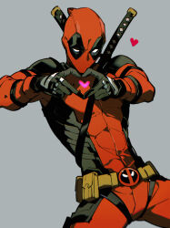  1boy absurdres belt black_gloves bodysuit commentary_request deadpool deadpool_(series) gloves grey_background hands_up hatsutahaku heart heart_hands highres katana marvel mask multicolored_bodysuit muscular muscular_male red_bodysuit red_mask sheath sheathed simple_background solo superhero_costume sword sword_on_back two-tone_bodysuit utility_belt weapon weapon_on_back 