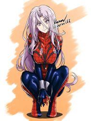  1girl animal_print baron_(varon666) blue_bodysuit bodysuit breasts commentary_request cosplay fuuto_tantei highres kamen_rider kamen_rider_w large_breasts long_hair looking_at_viewer marvel multicolored_bodysuit print_bodysuit purple_hair red_bodysuit signature solo spider-man spider-man_(cosplay) spider-man_(series) spider_print spider_web_print superhero_costume tokime_(fuuto_tantei) twitter_username two-tone_bodysuit violet_eyes 