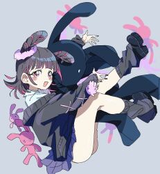  1girl :d black_cardigan black_hair black_nails black_shoes black_skirt black_socks blunt_bangs braid cardigan collared_shirt commentary cross-laced_clothes cross-laced_sleeves dalidari27 fanged_bangs flipped_hair folded_braid full_body grey_background hair_ornament hair_scrunchie highres holding holding_stuffed_toy kimi_no_koto_ga_dai_dai_dai_dai_daisuki_na_100-nin_no_kanojo knees_together_feet_apart legs legs_up looking_at_viewer loose_socks medium_hair miniskirt multicolored_hair off-shoulder_cardigan ohananomitsu_high_school_uniform outstretched_arm pink_eyes pink_scrunchie pink_streaks platform_shoes pleated_skirt pom_pom_(clothes) school_uniform scrunchie shirt shoes skirt smile socks solo streaked_hair stuffed_animal stuffed_rabbit stuffed_toy thighs twin_braids two_side_up untranslatable_commentary usami_shiina white_shirt 