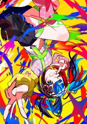  1girl absurdres black_hair black_skirt blonde_hair blue_hair checkered_clothes double_v fate/grand_order fate_(series) hair_ornament hairclip highres jewelry midriff mika_pikazo_(style) multicolored_hair nail_polish one_eye_closed pink_nails pink_socks red_hair sei_shounagon_(fate) shangtiany31057 sidelocks skirt smile socks solo streaked_hair teeth thighlet twintails upside-down v v_over_mouth 