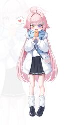  1girl absurdres ahoge alternate_costume bag black_skirt blue_archive blue_eyes blue_scarf blush cat_hair_ornament coat commentary_request dlrkdals070707 fang food full_body fur_coat hair_ornament halo heart heterochromia highres holding holding_food hoshino_(blue_archive) korean_commentary long_hair loose_socks open_mouth pink_hair pink_halo pleated_skirt scarf shoulder_bag skin_fang skirt socks solo spoken_heart taiyaki wagashi yellow_eyes zoom_layer 