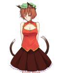  animal_ears arms_behind_back bare_shoulders breasts brown_hair cat_ears cat_tail chen cleavage cleavage_cutout earrings hat jewelry kurokuro multiple_tails red_eyes seductive_smile short_hair smile solo standing tail touhou 