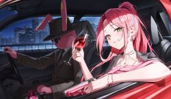  1girl 1other absurdres alcohol animal_ears arm_out_of_sleeve black_hat black_jacket black_necktie blue_streaks bow bow_earrings bracelet building car_interior colored_skin commentary cup curtained_hair dress drinking_glass driving earrings eyelashes glint green_eyes green_streaks grin gun hanako_nana hand_up handgun hat high_ponytail highres holding holding_cup holding_gun holding_weapon jacket jewelry long_hair looking_at_viewer multicolored_hair multiple_bracelets necktie night off-shoulder_dress off_shoulder open_clothes open_jacket pearl_bracelet personification peto_(hanako_nana) pink_dress pink_hair pink_skin ponytail rabbit_ears round_eyewear shirt skyline skyscraper smile stellive straight_hair streaked_hair suit suit_jacket sunglasses tiokun7 weapon white_shirt wine wine_glass 