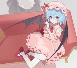  1girl ar2a ascot back_bow bat_wings blue_hair bow commentary couch dress fighting_stance grey_background hat hat_bow highres looking_at_viewer maid mob_cap on_couch pantyhose pink_dress pink_hat red_ascot red_eyes red_ribbon red_shoes remilia_scarlet ribbon ribbon-trimmed_dress ribbon_trim shoes short_hair sitting smile thigh-highs touhou untranslatable_commentary white_background white_pantyhose wings wrist_cuffs 