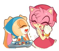  2girls amy_rose animal_ears blue_hairband bracelet brown_fur character_cookie closed_eyes commentary cream_the_rabbit dress eyelashes furry furry_female hairband hedgehog_girl highres interlocked_fingers jewelry knuckles_the_echidna multiple_girls open_mouth orange_dress own_hands_clasped own_hands_together pink_fur rabbit_ears rabbit_girl red_dress red_hairband sleeveless sleeveless_dress sonic_(series) sonic_the_hedgehog tails_(sonic) white_background y1ppiee 