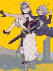  1boy 1girl amanatsu_(amanatu5069) bandages black_dress boots carrying commentary_request dress fate/grand_order fate_(series) glasses grey_eyes grey_hair high_heels highres hood jacques_de_molay_(foreigner)_(fate) jacques_de_molay_(foreigner)_(second_ascension)_(fate) jacques_de_molay_(saber)_(fate) jitome princess_carry sheath sheathed sword weapon yellow_background 