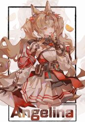  1girl absurdres angelina_(arknights) angelina_the_mellow_wish_(arknights) animal_ear_fluff animal_ears arknights black_collar black_gloves black_hairband brown_eyes brown_hair character_name chinese_commentary collar commentary_request cowboy_shot cropped_legs detached_sleeves dress food fox_ears fox_girl fruit gloves hair_between_eyes hairband hand_up heic-to-png_conversion highres infection_monitor_(arknights) long_hair long_sleeves looking_at_viewer mido_(mido_chen) multicolored_hairband open_mouth orange_(fruit) orange_slice pleated_dress short_dress smile solo twintails two-tone_hairband very_long_hair zoom_layer 