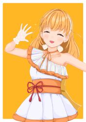 1girl :d ^_^ absurdres border closed_eyes collarbone commentary_request cowboy_shot dress facing_viewer flower_knot frilled_dress frills gloves hairband highres hinoshita_kaho love_live! love_live!_hasu_no_sora_jogakuin_school_idol_club obi obijime open_mouth orange_background orange_hair orange_sash orange_trim outside_border sash simple_background single-shoulder_dress single_bare_shoulder smile solo suisai_sekai take_yan_yan two_side_up white_border white_dress white_gloves white_hairband 