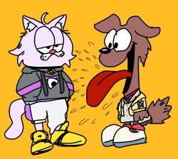  2girls black_collar brown_fur cat collar commentary dog eye_contact garfield grey_hoodie heavy_breathing heavymetalbrain highres hololive hood hoodie inugami_korone looking_at_another multiple_girls narrowed_eyes nekomata_okayu pink_fur red_collar shoes tongue tongue_out untranslatable_commentary white_shoes yellow_background yellow_shoes 