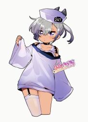  1girl black_choker blush choker closed_mouth commentary cropped_legs crossed_bangs dace_(kancolle) dated dress eto_(etonomemo1008) garter_straps grey_hair hair_between_eyes hat highres kantai_collection long_sleeves looking_at_viewer nail_polish off_shoulder one-hour_drawing_challenge one-piece_swimsuit ponytail purple_nails simple_background single_garter_strap single_thighhigh sleeves_past_wrists solo swimsuit swimsuit_under_clothes thigh-highs violet_eyes white_background white_dress white_hat white_thighhighs 