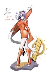  1999narurato 1girl absurdres babel_(megami_tensei) boots breasts devil_survivor_(series) devil_survivor_1 flower full_body hair_flower hair_ornament happy_birthday highres kuzuryuu_amane large_breasts medium_hair megami_tensei necktie orange_boots orange_robe purple_hair red_eyes road robe simple_background solo white_background 