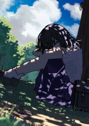  1girl absurdres arms_on_knees bag black_eyes black_hair blue_sky clouds commentary_request covered_mouth dappled_sunlight day from_side head_on_arm highres knees_up loafers looking_at_viewer looking_to_the_side miniskirt on_ground original outdoors purple_skirt roa_(kuroha_roa) school_bag shirt shoes short_hair short_sleeves skirt sky socks solo summer sunlight tree tree_shade white_shirt 