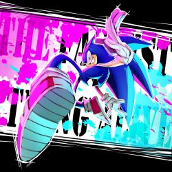  1boy animal_ears blue_fur furry furry_male gloves green_eyes grin hedgehog_boy highres jazzebee male_focus multicolored_shoes paint_splatter red_shoes shoes smile solo sonic_(series) sonic_the_hedgehog tail two-tone_shoes white_gloves white_shoes 