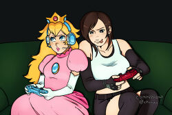  2girls bare_shoulders black_hair black_thighhighs blonde_hair blue_eyes breasts brooch chvvy collarbone commission controller crop_top crown dress earrings elbow_gloves final_fantasy final_fantasy_vii final_fantasy_vii_remake fingerless_gloves game_controller gloves gold_crown gown headphones headset highres holding holding_controller holding_game_controller jewelry large_breasts long_hair looking_up midriff multiple_girls pink_dress playing_games pointed_crown princess_peach puffy_short_sleeves puffy_sleeves red_eyes short_sleeves skirt smile sphere_earrings super_mario_bros. suspender_skirt suspenders suspenders_gap tank_top teardrop_earrings thigh-highs tifa_lockhart tongue tongue_out white_gloves white_tank_top 
