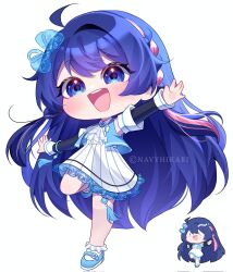  1girl ahoge blue_bow blue_eyes blue_hair blue_shoes blue_vest bow braid chibi detached_sleeves dress highres long_hair multicolored_hair navy_hikari open_mouth original pink_streaks pleated_dress shoes short_dress simple_background solo streaked_hair teeth upper_teeth_only vest white_background 