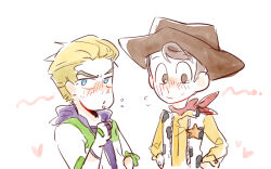  2boys animification blonde_hair brown_hair buzz_lightyear cowboy_hat hat long_sleeves male_focus missing_headwear multiple_boys nhbzzdy open_mouth sheriff_woody shirt short_hair simple_background spacesuit toy_story white_background 