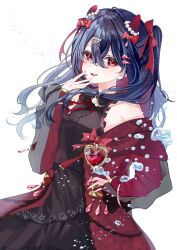  1girl artist_request bare_shoulders black_dress blue_hair bow center_frills closed_mouth collared_dress commentary_request dress frilled_dress frills gem hair_ornament hairclip heart heart-shaped_gem heart-shaped_pupils highres indie_virtual_youtuber jacket jacket_partially_removed long_hair mitose_roka neck_ribbon open_mouth pink_gem red_bow red_eyes red_gem red_jacket red_ribbon ribbon simple_background sleeveless sleeveless_dress smile solo symbol-shaped_pupils teeth upper_teeth_only virtual_youtuber water_drop white_background 