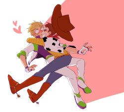  2boys animification brown_hair buzz_lightyear cowboy_hat hat highres hug long_sleeves male_focus missing_headwear multiple_boys nhbzzdy open_mouth sheriff_woody shirt short_hair simple_background smile spacesuit toy_story white_background 