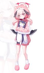  1girl black_wings blue_archive blush commentary_request dlrkdals070707 feathered_wings halo head_wings highres holding holding_stuffed_toy hood hood_up hoodie koharu_(blue_archive) korean_commentary long_hair long_sleeves looking_at_viewer low_wings pink_eyes pink_hair pink_halo pink_hoodie pink_slippers red_halo slippers solo stuffed_animal stuffed_cat stuffed_toy twintails wavecat_(blue_archive) winged_halo wings zoom_layer 