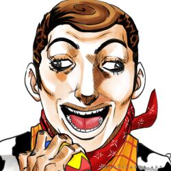  1boy animal_print animification araki_hirohiko_(style) brown_hair commentary cow_print english_commentary ggs_cihuy hentai_woody_(meme) highres jojo_no_kimyou_na_bouken long_sleeves male_focus meme open_mouth sheriff_woody shirt short_hair simple_background smile toy_story vest 
