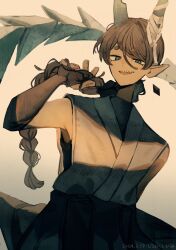  1boy 2024 bandaged_horn black_shirt braid braided_ponytail bridal_gauntlets brown_eyes commentary_request dark-skinned_male dark_skin dated dot_nose earrings floating_earrings gradient_background hair_between_eyes hand_in_own_hair highres horns ice_god_(jimini_shijimi) japanese_clothes jewelry jimini_shijimi long_hair looking_at_viewer open_mouth original pointy_ears sharp_teeth shirt short_eyebrows simple_background sleeveless slit_pupils smile solo tail tail_raised teeth very_long_tail white_background 