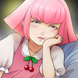  1girl aged_down blue_eyes blush cherry child commentary dress food fruit gundam half-closed_eyes haman_karn hand_on_own_cheek hand_on_own_face highres lips looking_at_viewer mobile_suit_gundam on_bed open_mouth pillow pink_dress pink_hair puffy_short_sleeves puffy_sleeves short_sleeves solo t_jiroo_(ringofriend) zeta_gundam 