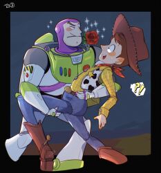  2boys animification brown_hair buzz_lightyear cowboy_hat flower hat highres long_sleeves male_focus multiple_boys nhbzzdy open_mouth red_flower red_rose rose sheriff_woody shirt short_hair simple_background smile spacesuit toy_story 