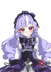  1girl ahoge arms_behind_back blush bow bowtie closed_eyes drill_hair drill_sidelocks embarrassed gem hairband highres janbopurin long_hair long_sleeves looking_at_viewer mole mole_under_eye multicolored_hair pointy_ears purple_bow purple_bowtie purple_gem purple_hair purple_hairband red_eyes shrug_(clothing) sidelocks simple_background solo streaked_hair upp vivian_banshee white_background white_shrug zenless_zone_zero 