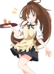  1girl :o absurdres apron black_ribbon black_skirt blush bright_pupils brown_eyes brown_hair chinese_commentary commentary_request dated_commentary downturned_eyes drink feet_out_of_frame floating_hair frilled_apron frills hand_up he_shan123 highres holding holding_tray long_hair looking_at_viewer miniskirt neck_ribbon notice_lines open_mouth pleated_skirt ponytail ribbon shirt short_sleeves simple_background skirt solo standing taneshima_popura tareme tray very_long_hair waitress white_background white_pupils white_shirt working!! yellow_apron 