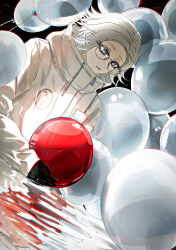  1boy aotsuki_eito balloon black_gloves blue_eyes chinese_commentary chromatic_aberration commentary_request coryco drawstring dutch_angle eyelashes glasses gloves grey_hair high_collar highres holding holding_balloon jacket light_particles long_sleeves male_focus nose_pads open_mouth pocket reflection round_eyewear short_hair solo the_hundred_line_-last_defense_academy- upper_body white_jacket zipper_pull_tab 