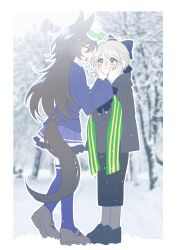  2girls animal_ears artist_request black_shoes black_skirt blonde_hair blue_jacket bow brown_hair brown_shoes commission eye_contact female_trainer_(umamusume) full_body green_eyes green_scarf grey_hoodie hair_bow hands_on_another's_face highres hood hood_down hoodie horse_ears horse_girl horse_tail jacket long_hair long_skirt looking_at_another mr._c.b._(umamusume) multiple_girls oc_x_canon original outdoors outline pleated_skirt protected_link purple_skirt scarf school_uniform second-party_source shoes short_hair skirt smile snow standing tail thigh-highs tracen_school_uniform trainer_(umamusume) umamusume white_outline yuri 