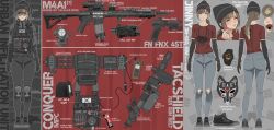  1girl ammunition_belt arm_warmers arms_at_sides assault_rifle beanie black_arm_warmers black_gloves black_hat black_shoes breasts brown_hair buttons closed_eyes collarbone commission crosshair denim dgkamikaze fn_fnx gloves grey_background grey_jacket gun handgun hat heart highres holster insignia jacket jeans knee_pads load-bearing_vest long_hair m4_carbine medium_breasts mole mole_under_eye original pants pocket ponytail protective_eyewear protein_bar red_background red_shirt red_sleeves rifle scope shirt shoes short_sleeves swept_bangs torn_clothes torn_jeans torn_pants weapon yellow_eyes 