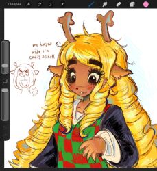  1girl :3 animal_ears antlers art_program_in_frame blonde_hair blush brown_eyes brown_fur checkered_clothes checkered_sweater_vest deer_antlers deer_ears deer_girl deltarune doodle_inset english_text eyelashes freckles furry furry_female highres horns noelle_holiday red_nose ringlets solo sweater_vest termasikthepup thick_eyebrows utdr_(toby_fox) 