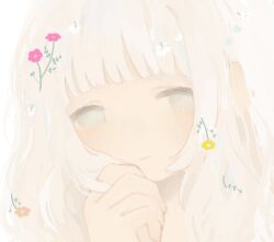  1girl bad_drawr_id bad_id blunt_bangs closed_mouth flower hand_up hapisony long_hair oekaki orange_flower original pink_flower portrait solo white_eyes white_flower white_hair yellow_flower 