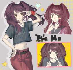  1girl blush_stickers brown_eyes brown_hair english_text hand_on_own_hip hand_up highres kujikawa_rise long_hair midriff persona persona_4 pointing pointing_at_self single_blush_sticker star_(symbol) twintails willlll_dog 