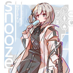  1girl black_bow black_bowtie black_shirt black_skirt blue_background blush border bow bowtie bright_pupils buttons closed_mouth commentary_request cowboy_shot food grey_eyes grey_hair hair_bow highres holding holding_food holding_popsicle jacket long_sleeves looking_at_viewer one_side_up open_clothes open_jacket outside_border popsicle shirt short_hair skirt snooze_(vocaloid) solo tetenka white_border white_jacket white_pupils 