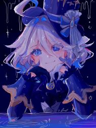  1girl ahoge artist_name ascot asymmetrical_gloves black_gloves black_shirt blue_ascot blue_background blue_eyes blue_gem blue_hair blue_hat blue_jacket blue_pupils blush closed_mouth drop-shaped_pupils eyelashes eyes_visible_through_hair four-pointed_star furina_(genshin_impact) gem genshin_impact gloves grey_hair hair_between_eyes hands_on_own_face hands_up hat hat_ornament heterochromia highres huge_ahoge jacket jewelry lapels long_sleeves looking_at_viewer lua070809 mismatched_gloves mismatched_pupils multicolored_hair open_clothes open_jacket pendant puddle shirt short_hair simple_background sitting smile solo symbol-shaped_pupils table top_hat two-tone_hair upper_body vest wavy_hair white_gloves white_vest 