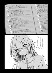  1girl blush commentary glasses greyscale hair_ornament hairclip highres long_hair love_live! love_live!_hasu_no_sora_jogakuin_school_idol_club lyrics monochrome osawa_rurino osawa_rurino_(summer_loungewear) parted_bangs ryochapu senpai_(hasu_no_sora) shirt speech_bubble thought_bubble translation_request virtual_youtuber zipper 