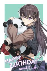  1girl absurdres bang_dream! bang_dream!_it's_mygo!!!!! black_shirt brown_hair brown_sleeves commentary ear_piercing earrings grey_pants hair_behind_ear hair_ornament hairclip happy_birthday highres holding holding_stuffed_toy hugging_object jewelry joker_(jjjokerrr233) long_hair looking_at_viewer midriff_peek mole mole_under_eye outline pants piercing see-through_clothes see-through_sleeves shiina_taki shirt sleeve_cuffs solo stuffed_animal stuffed_panda stuffed_toy two-tone_background untranslatable_commentary violet_eyes white_background white_outline 