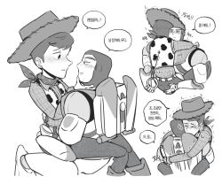  2boys animification belt buzz_lightyear cowboy_hat hat hug implied_yaoi korean_text long_sleeves male_focus monochrome multiple_boys nhbzzdy open_mouth sheriff_woody shirt short_hair simple_background smile spacesuit toy_story white_background 