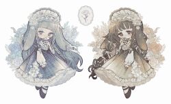  2girls accurate_lolita_coord animal_ears blue_dress blue_shoes blunt_bangs blush bow braid brown_dress brown_eyes brown_hair brown_shoes classic_lolita crying dress floppy_ears flower frilled_dress frilled_hairband frilled_sleeves frills grey_eyes grey_hair hair_bow hair_flower hair_ornament hairband highres lace lace_trim layered_dress layered_sleeves light_blush lolita_fashion lolita_hairband long_sleeves multiple_girls multiple_hair_bows naiguozi no_pupils original plaid_clothes plaid_dress puffy_long_sleeves puffy_sleeves rabbit_ears rabbit_girl rose shoes side_braids tears twin_braids wavy_hair 
