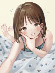  1girl aqua_camisole bare_arms barefoot bed_sheet blush brown_background brown_eyes brown_hair camisole commentary_request dated floral_print foreshortening grin hand_on_own_chin highres looking_at_viewer lying medium_hair nena_labo on_bed on_stomach original signature simple_background smile solo spaghetti_strap straight_hair wispy_bangs 