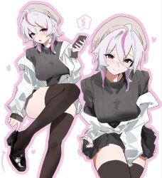  1girl backstage3971 black_thighhighs breasts highres holding holding_phone jacket jacket_partially_removed large_breasts loafers multicolored_hair original phone red_eyes shoes streaked_hair sweater thigh-highs white_hair 