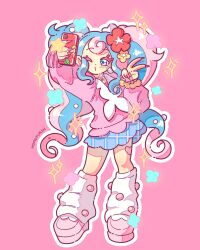  1girl absurdres aqua_flower artist_name bandaid cardigan cellphone choker collared_sweater earrings fairy_miku_(project_voltage) flower hair_flower hair_ornament hatsune_miku heart heart-shaped_bandaid heart_choker highres holding holding_phone jewelry loose_socks momopurin_chan neckerchief pearl_earrings phone pink_background pink_cardigan pink_choker pink_nails pink_shoes pink_sweater pink_theme pokemon project_voltage red_flower scrunchie shoes socks solo sparkle sticker_on_leg sweater taking_picture vocaloid white_neckerchief wrist_scrunchie yellow_flower yellow_scrunchie 