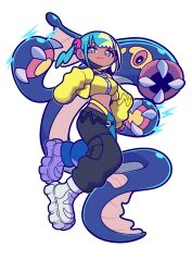  1girl aqua_hair aqua_pants bandeau bear_ringer black_mask black_pants blonde_hair blue_eyes blush canari_(pokemon) commentary_request criss-cross_straps dark-skinned_female dark_skin eel eelektross full_body highres jacket long_sleeves looking_at_viewer mask mask_pull mega_stone mouth_mask multicolored_hair navel open_mouth pants pokemon pokemon_(creature) pokemon_legends:_z-a shoes simple_background smile solo split-color_clothes split-color_hair sports_bra twintails two-tone_hair two-tone_mask two-tone_pants white_background white_shoes yellow_bandeau yellow_jacket yellow_mask yellow_pants yellow_sports_bra 