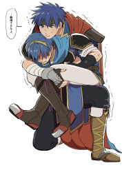  2boys blue_eyes carrying commentary_request fire_emblem fire_emblem:_path_of_radiance headband highres ike_(fire_emblem) male_focus marth_(fire_emblem) mimummom multiple_boys piggyback short_hair simple_background speech_bubble tiara translation_request white_background 