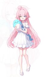  1girl ahoge animal_bag blue_archive blue_eyes blush commentary_request dlrkdals070707 dress fang full_body hair_between_eyes hair_intakes halo heterochromia highres hoshino_(blue_archive) korean_commentary long_hair looking_at_viewer off-shoulder_dress off_shoulder open_mouth pink_hair pink_halo sandals skin_fang solo stuffed_whale white_dress white_sandals yellow_eyes zoom_layer 