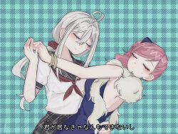  2girls absurdres ahoge blue_background blue_bow blue_dress bow bracelet closed_eyes commentary_request dancing danganronpa_another dress eat_xx12 feather_boa hair_between_eyes hair_bow hair_ornament hair_scrunchie hand_on_another's_back heart heart_ahoge highres jewelry kabuya_yoruko leaning_back light_smile long_hair low_ponytail multiple_girls parted_bangs pink_hair plaid_background ponytail red_scrunchie sailor_collar school_uniform scrunchie serafuku shirt short_sleeves sleeveless sleeveless_dress smile sora_(super_danganronpa_another_2) super_danganronpa_another_2 sweat white_hair white_shirt 