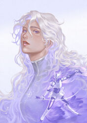  absurdres ambiguous_gender animal-themed_armor blue_eyes crab-milk curly_hair dual_persona highres limited_palette long_hair mecha muted_colors original robot sword turtleneck upper_body weapon white_hair 